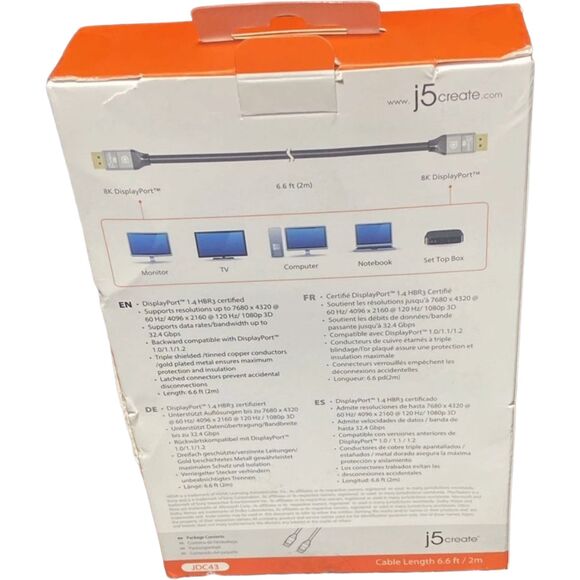 8K DisplayPort Cable j5create 6.6ft JDC43 DP1.4 32.4Gbps HDR Gaming NEW - Picture 2 of 4